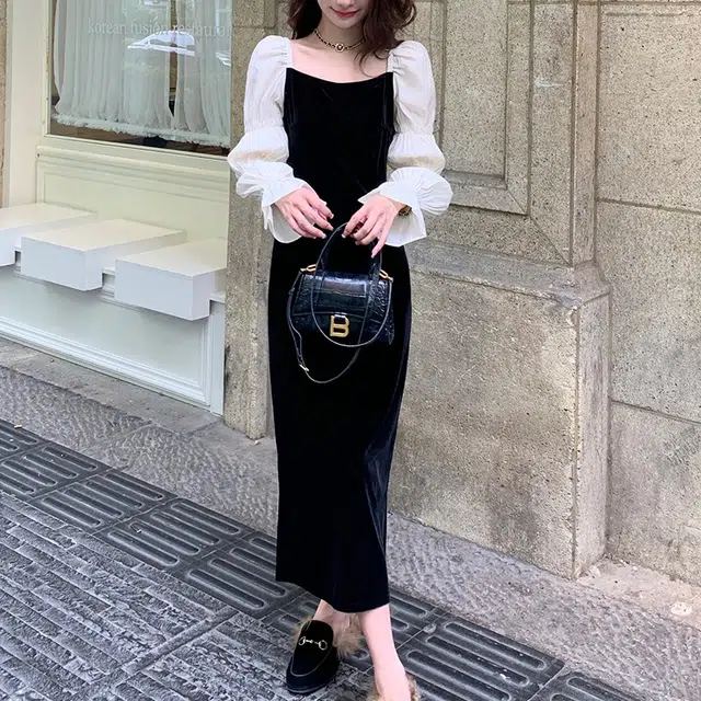 木清清 法式复古打底丝绒方领中长套头长袖连衣裙 女款 黑色