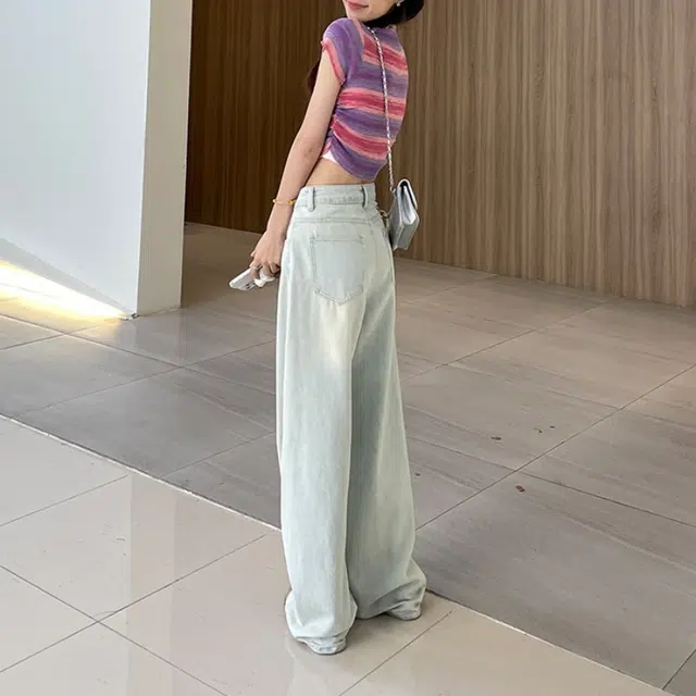 木清清 浅色直筒宽松高腰美式设计感阔腿休闲牛仔裤 女款 复古浅蓝