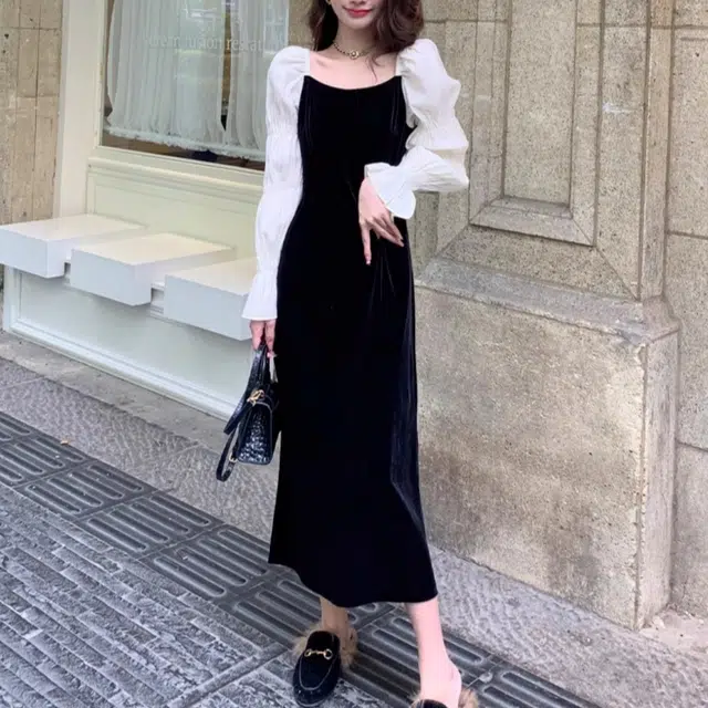 木清清 法式复古打底丝绒方领中长套头长袖连衣裙 女款 黑色