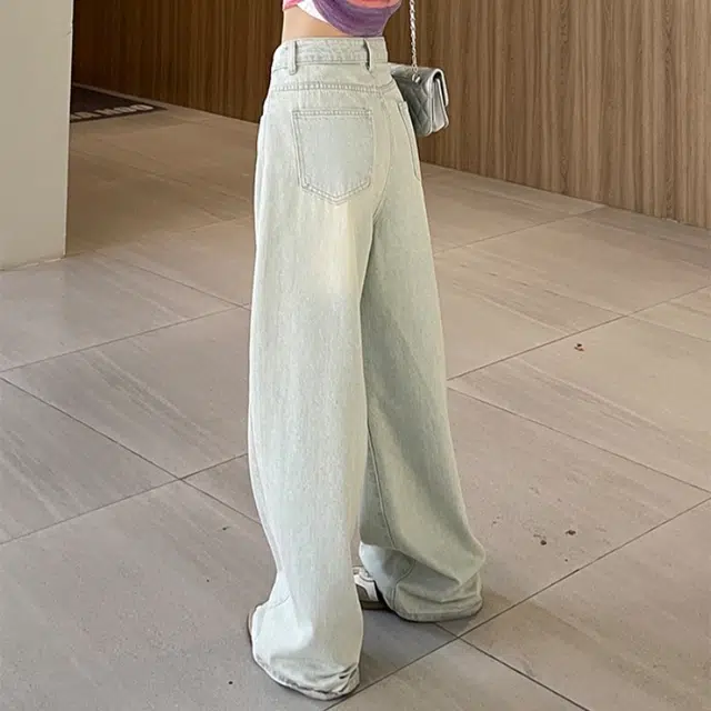 木清清 浅色直筒宽松高腰美式设计感阔腿休闲牛仔裤 女款 复古浅蓝