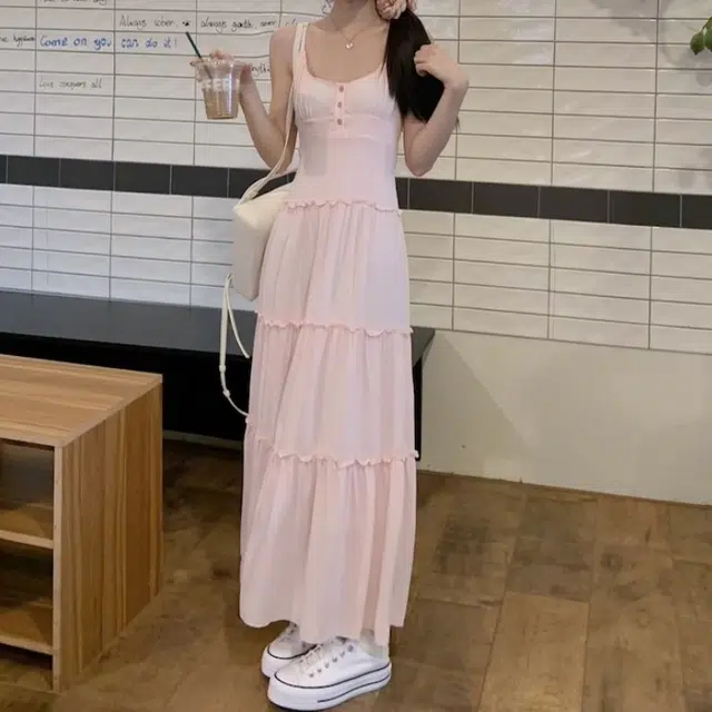 木清清 纯色长款宽松吊带连衣裙 女款 粉色