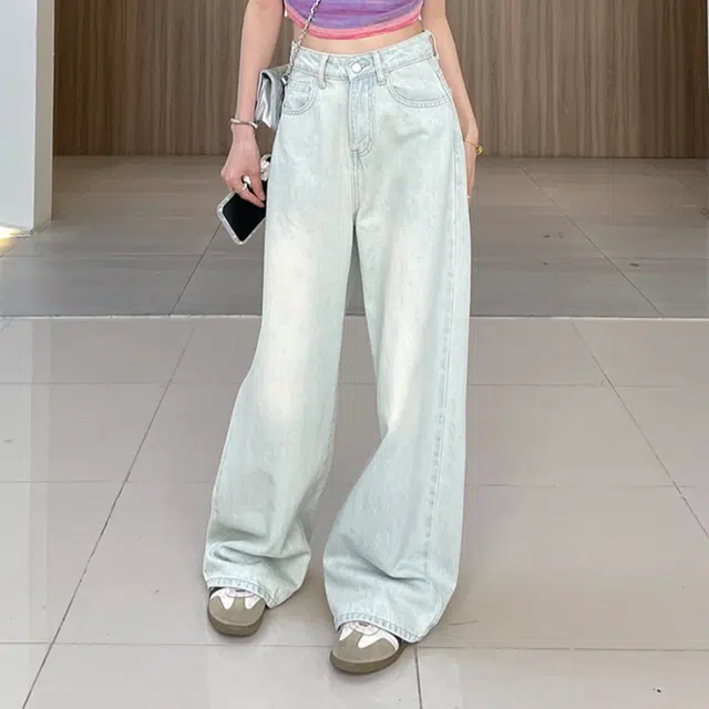 木清清 浅色直筒宽松高腰美式设计感阔腿休闲牛仔裤 女款 复古浅蓝