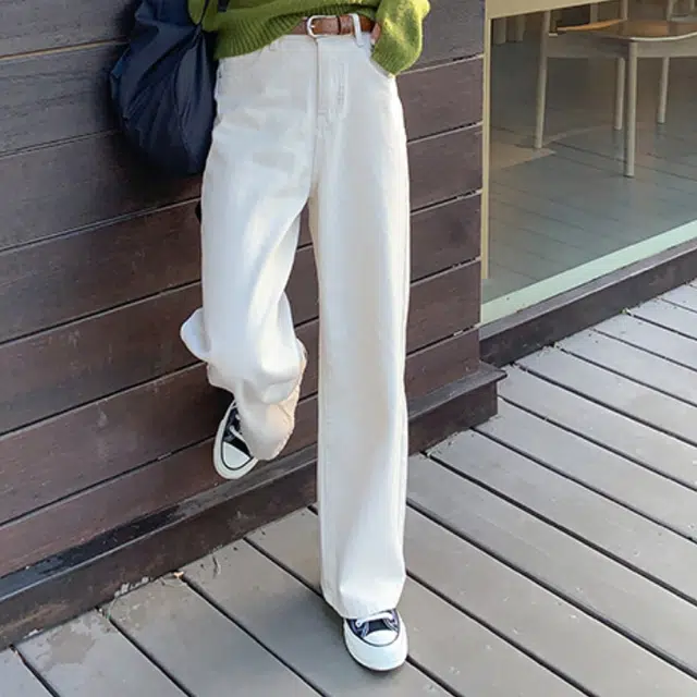 木清清 垂感高腰纯色拉链直筒休闲裤 女款 白色