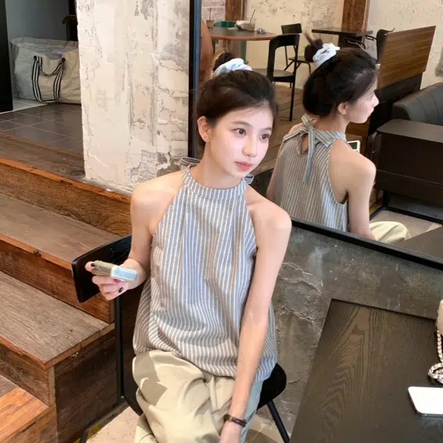 木清清 条纹挂脖设计感通勤气质背心 女款 灰色