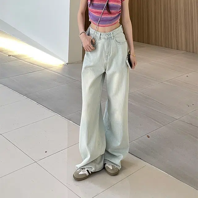 木清清 浅色直筒宽松高腰美式设计感阔腿休闲牛仔裤 女款 复古浅蓝
