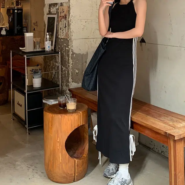 木清清 拼色圆领侧边系带设计无袖连衣裙 女款 黑色