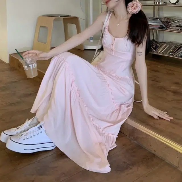 木清清 纯色长款宽松吊带连衣裙 女款 粉色