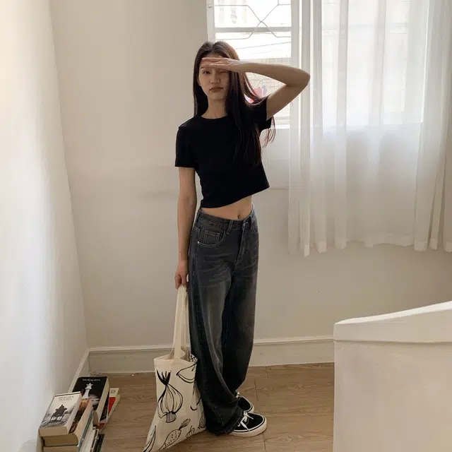 木清清 复古高腰宽松阔腿长裤牛仔裤 女款 黑灰色