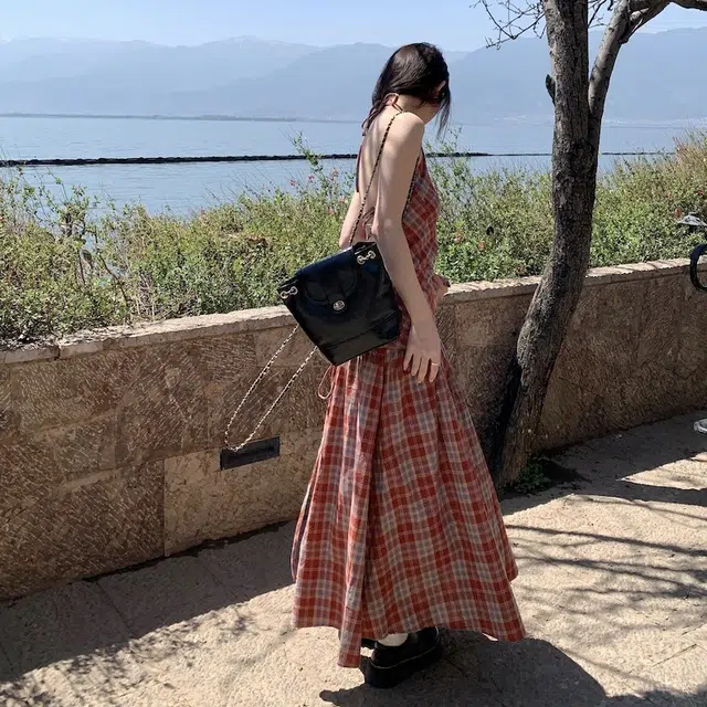 木清清 休闲简约格子套头长款无袖连衣裙 女款 红色