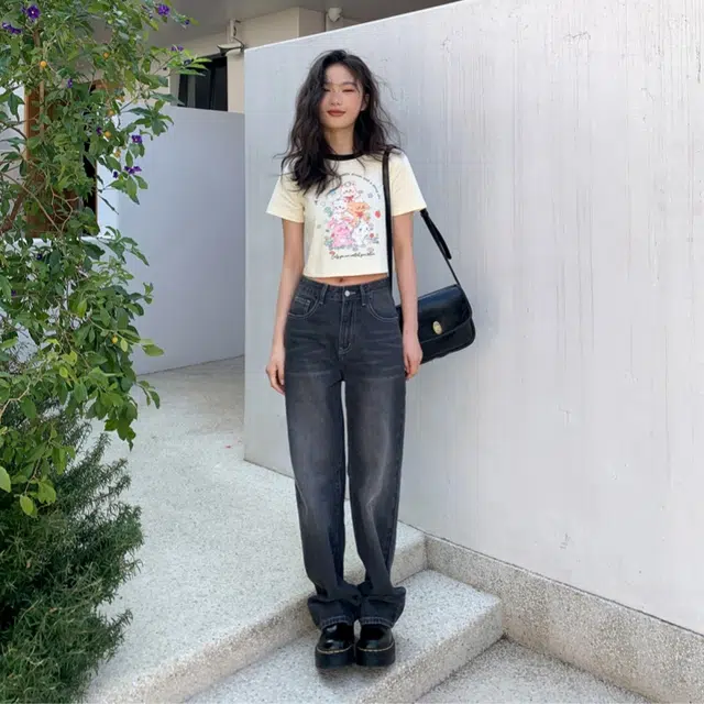 木清清 复古高腰宽松阔腿长裤牛仔裤 女款 黑灰色