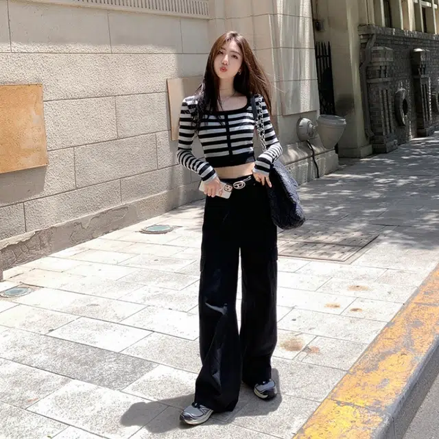 木清清 纯色高腰宽松工装裤 女款 黑色
