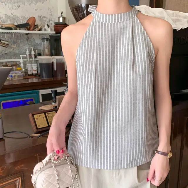 木清清 条纹挂脖设计感通勤气质背心 女款 灰色