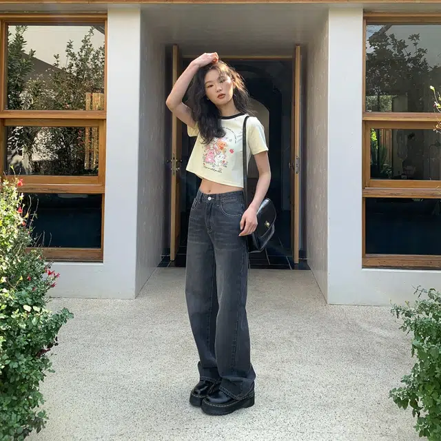 木清清 复古高腰宽松阔腿长裤牛仔裤 女款 黑灰色