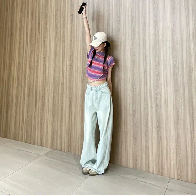 木清清 浅色直筒宽松高腰美式设计感阔腿休闲牛仔裤 女款 复古浅蓝