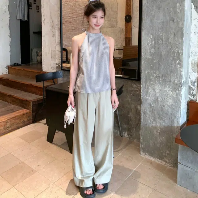 木清清 条纹挂脖设计感通勤气质背心 女款 灰色