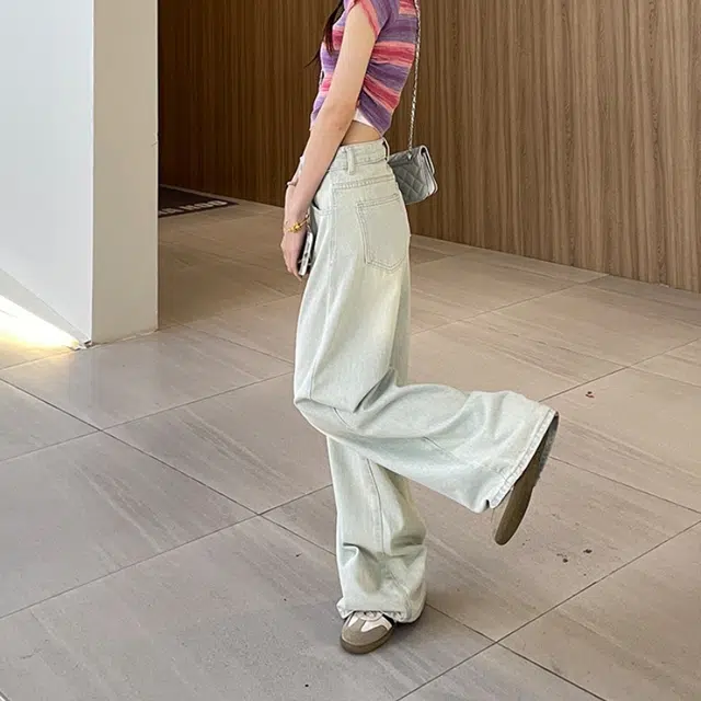 木清清 浅色直筒宽松高腰美式设计感阔腿休闲牛仔裤 女款 复古浅蓝
