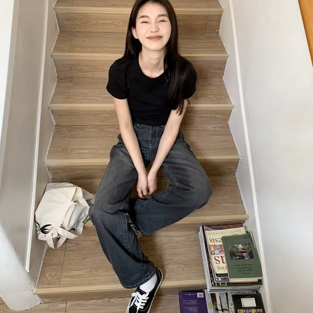 木清清 复古高腰宽松阔腿长裤牛仔裤 女款 黑灰色