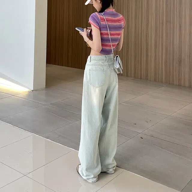 木清清 浅色直筒宽松高腰美式设计感阔腿休闲牛仔裤 女款 复古浅蓝