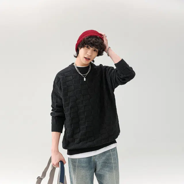 多风格简约宽松纯色格子圆领百搭保暖长袖服饰毛衣 男女同款