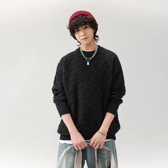 多风格简约宽松纯色格子圆领百搭保暖长袖服饰毛衣 男女同款