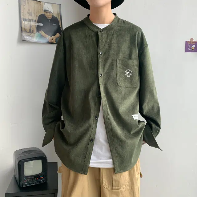 普鲁士多特蒙德 美式高街简约纯色宽松学院风立领长袖衬衫 男女同款