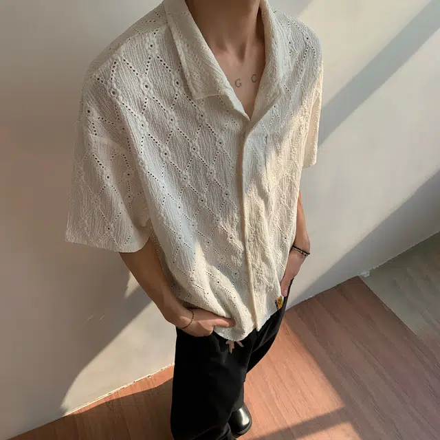 普鲁士多特蒙德 无性别主义高街风古巴领法式慵懒风时尚百搭肌理感镂空性感时尚宽松短袖衬衫 男女同款