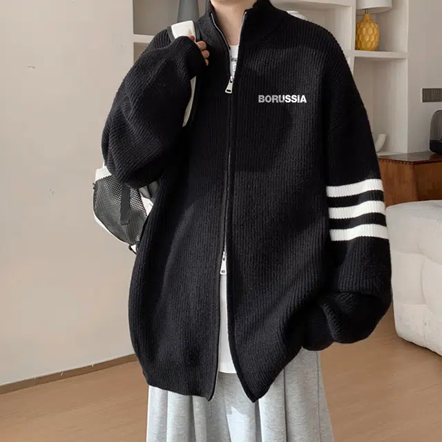 普鲁士多特蒙德 美式复古拼接条纹三杠时尚基础款高级感宽松百搭拉链设计半高领慵懒长袖开衫毛衣 男女同款