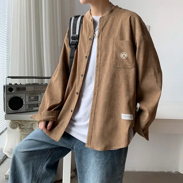 普鲁士多特蒙德 美式高街简约纯色宽松学院风立领长袖衬衫 男女同款
