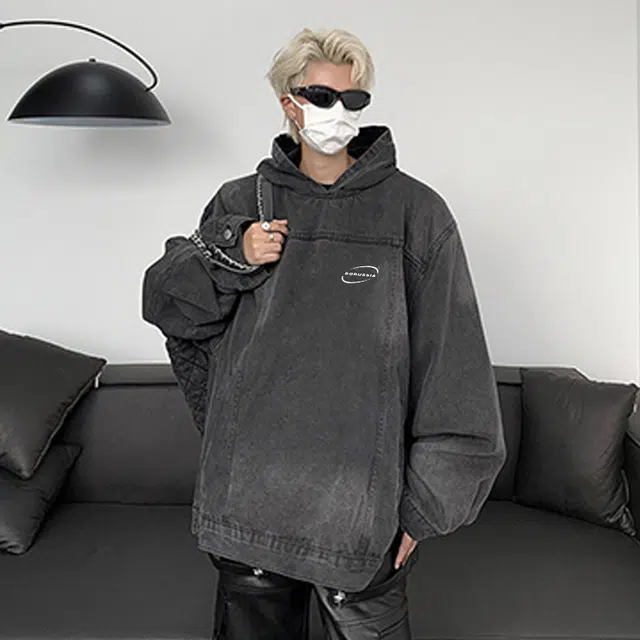普鲁士多特蒙德 高街风水洗做旧美式休闲青少年街头潮牌宽松复古痞帅百搭牛仔帽衫长袖卫衣  男女同款