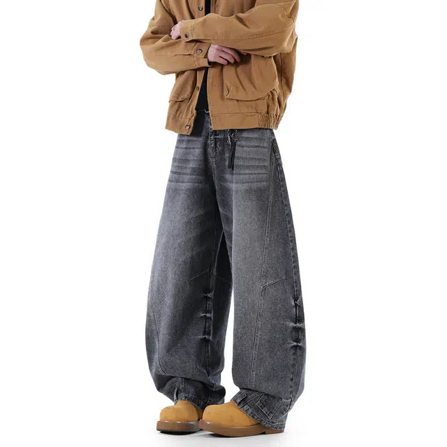 普鲁士多特蒙德 裤子反这穿美式高街风水洗做旧拼接解构阔腿长裤无性别主义亲肤柔软不硬宽松直筒百搭弯刀休闲牛仔裤 男女同款