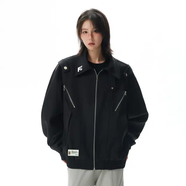 普鲁士多特蒙德 美式高街风拼接解构品牌字母印花哈林顿机能风外套暗黑先锋金属拉链装饰痞帅短款廓形潮牌时尚翻领工装休闲夹克 男女同款