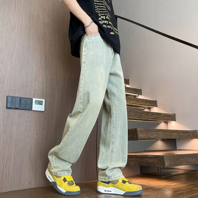 普鲁士多特蒙德 美式复古高街废土风水洗做旧简约透气垂感宽松百搭潮流时尚日常通勤直筒牛仔裤 男女同款