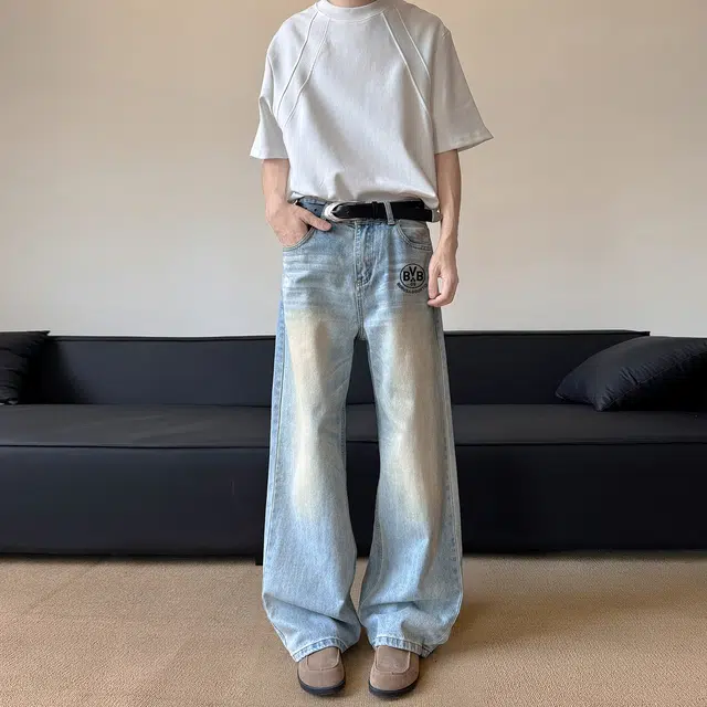 普鲁士多特蒙德 美式潮牌高街复古猫须水洗时尚舒适废土风微喇直筒休闲牛仔裤 男女同款