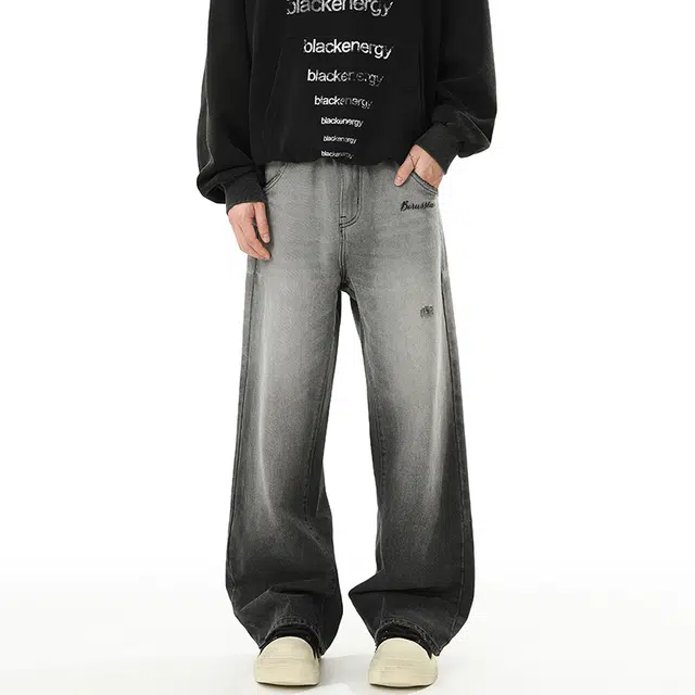 普鲁士多特蒙德 美式复古通勤水洗做旧个性高街长裤宽松直筒舒适阔腿休闲渐变设计牛仔裤 男女同款