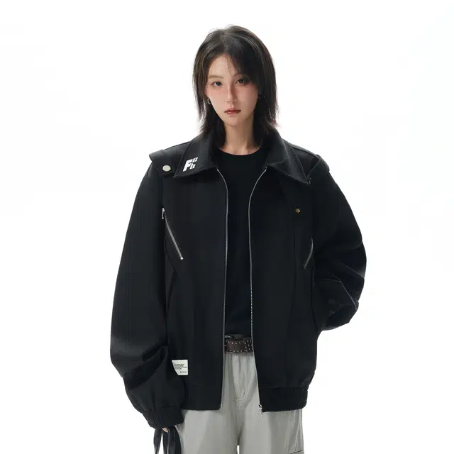 普鲁士多特蒙德 美式高街风拼接解构品牌字母印花哈林顿机能风外套暗黑先锋金属拉链装饰痞帅短款廓形潮牌时尚翻领工装休闲夹克 男女同款