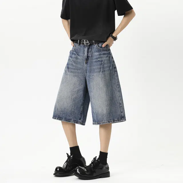 普鲁士多特蒙德 美式高街复古潮流时尚闪电做旧水洗高级感透气宽松百搭舒适纯色七分牛仔短裤 男女同款