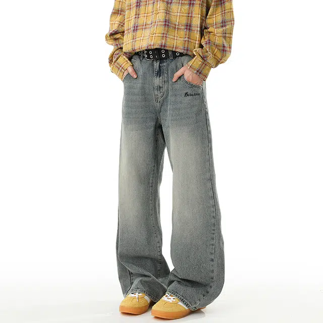 普鲁士多特蒙德 美式高街潮牌舒适宽松长裤复古简约印花设计日常通勤百搭休闲牛仔裤 男女同款