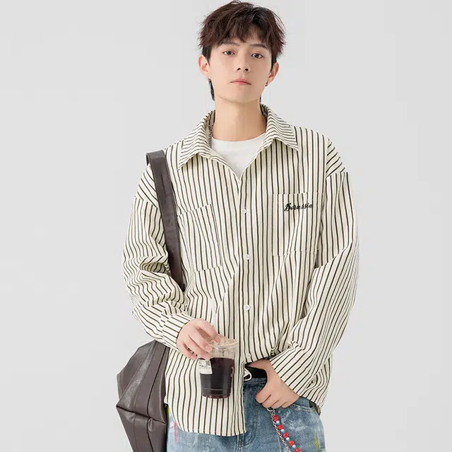 普鲁士多特蒙德 日系条纹撞色小众个性设计高级感上衣百搭无性别主义宽松翻领长袖衬衫 男女同款
