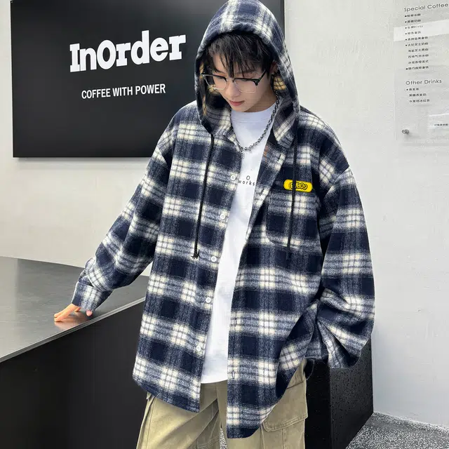普鲁士多特蒙德   美式高街复古小众格子纹设计连帽慵懒学院风落肩袖宽松百搭时尚通勤潮流长袖衬衫  男女同款
