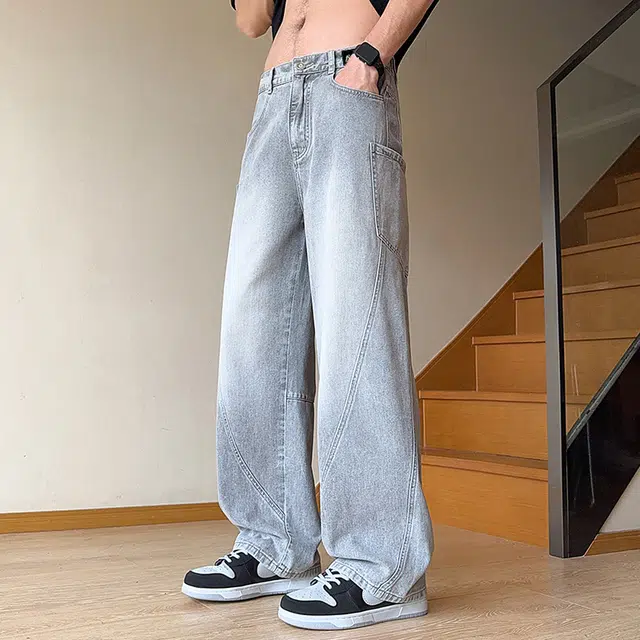 普鲁士多特蒙德 美式复古潮牌舒适简约渐变耐脏直筒显高显瘦宽松高街百搭休闲无视腿型牛仔裤 男女同款