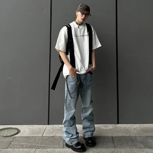普鲁士多特蒙德 美式复古水洗高街纯色无性别主义宽松微喇直筒中腰休闲百搭舒适长裤牛仔裤 男女同款