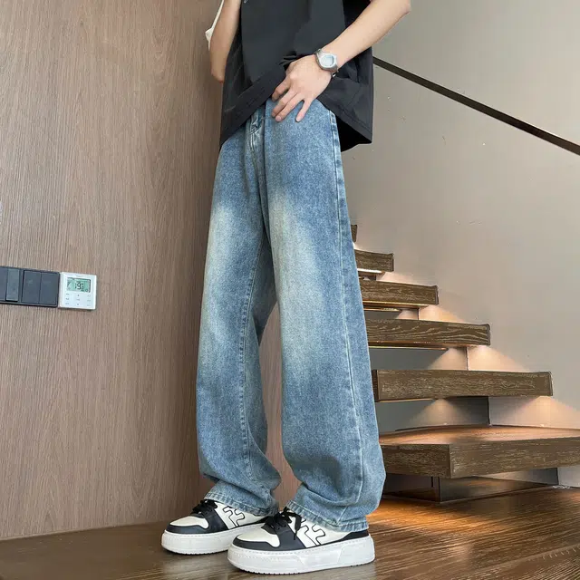 普鲁士多特蒙德 美式复古高街废土风水洗做旧简约透气垂感宽松百搭潮流时尚日常通勤直筒牛仔裤 男女同款