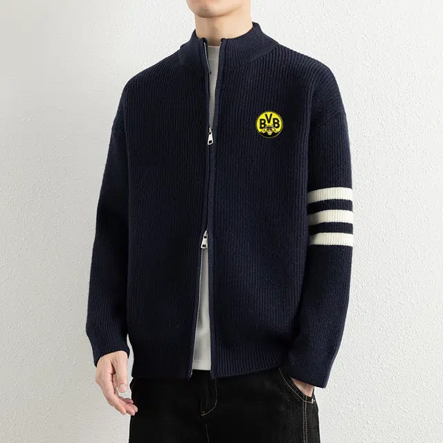 普鲁士多特蒙德 港风潮牌高街双拉链学生简约纯色提花针织外套防静电男宽松百搭情侣休闲开衫毛衣 男女同款