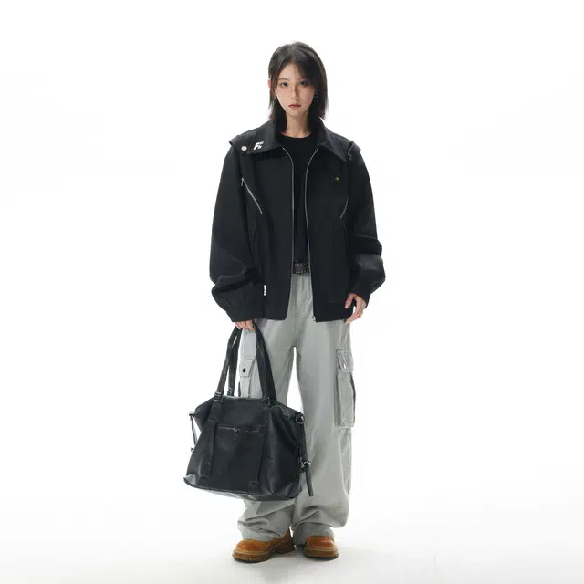 普鲁士多特蒙德 美式高街风拼接解构品牌字母印花哈林顿机能风外套暗黑先锋金属拉链装饰痞帅短款廓形潮牌时尚翻领工装休闲夹克 男女同款