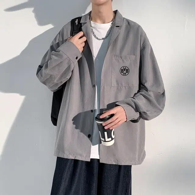 普鲁士多特蒙德 美式字母印花垂感宽松单排扣长袖衬衫 男女同款