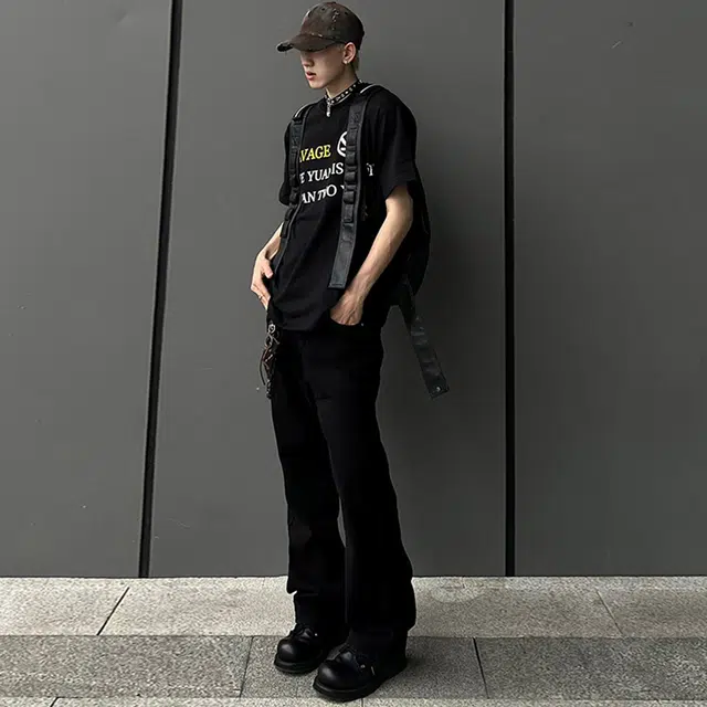 普鲁士多特蒙德 美式复古水洗高街纯色无性别主义宽松微喇直筒中腰休闲百搭舒适长裤牛仔裤 男女同款