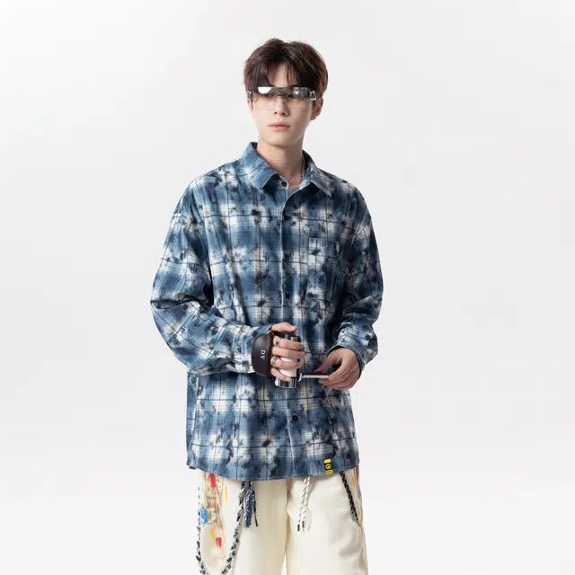 普鲁士多特蒙德 时尚休闲舒适格子外套美式复古青少年渐变仿扎染长袖衣服衬衫 男女同款