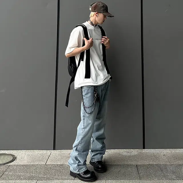 普鲁士多特蒙德 美式复古水洗高街纯色无性别主义宽松微喇直筒中腰休闲百搭舒适长裤牛仔裤 男女同款