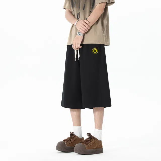 普鲁士多特蒙德 美式高街学院风纯色拼接印花宽松薄款透气七分休闲短裤 男女同款