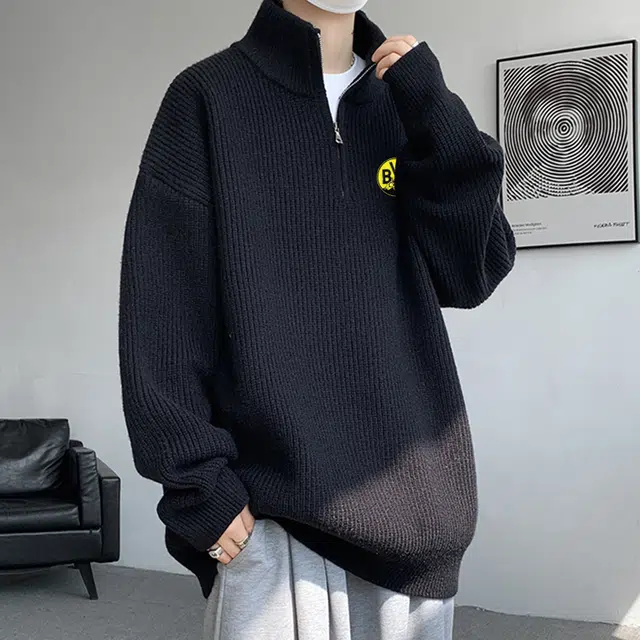 普鲁士多特蒙德 潮牌高街针织男士立领半拉链开衫上衣外套百搭休闲舒适防静电保暖毛衣 男女同款